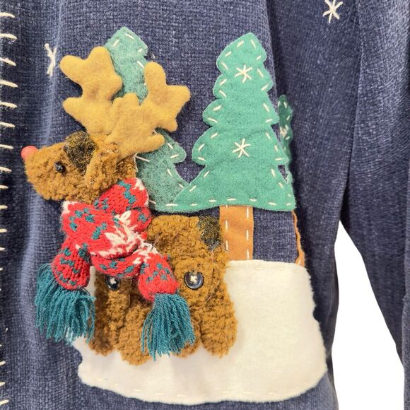 Country Lace Navy With 3D Applique Santa Reindeer Jacket Cardigan Coat Ugly - Picture 4 of 9